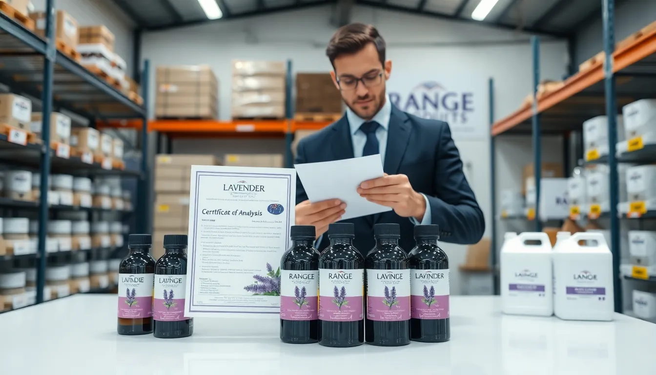 business executive inspects lavender oil bottles and paperwork in a modern warehouse office